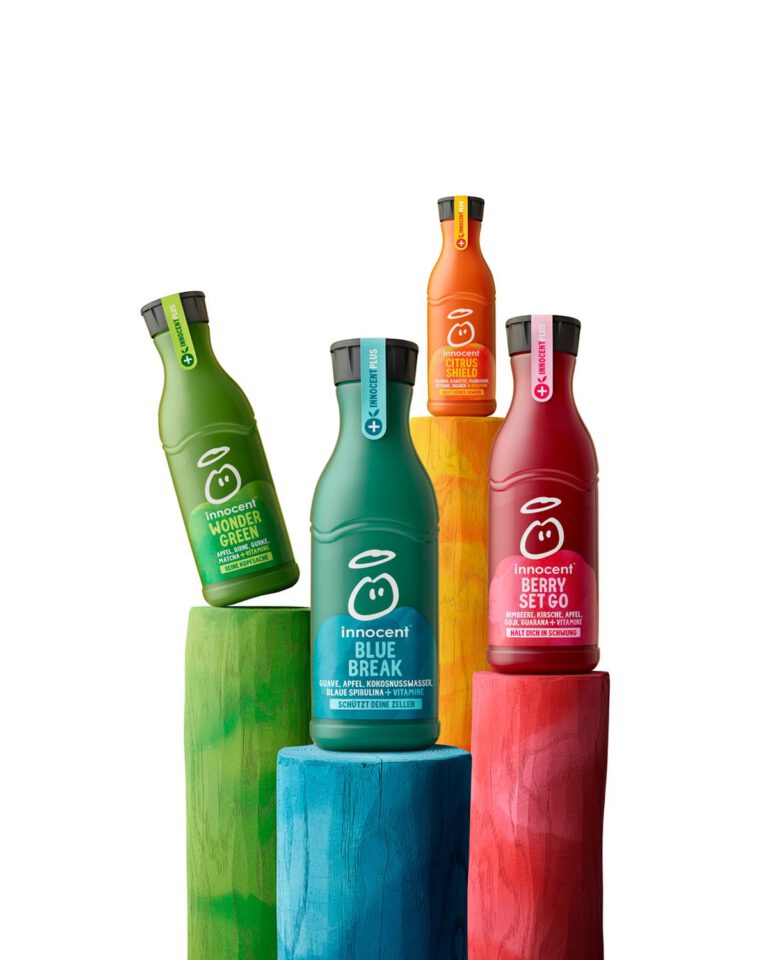 innocent bringt neue Produktlinie in knalligen Farben auf den Markt Ab sofort gibt es neue bunte Fruchtsaftmischungen namens innocent Plus – mit Trend-Zutaten und extra Vitaminen